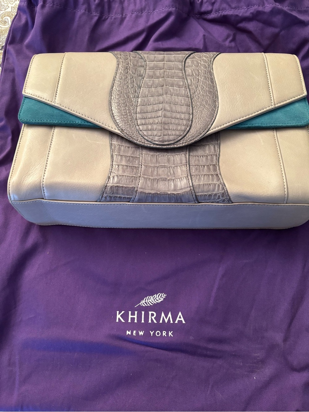 Khirma Elianov Grey & Silver Leather Purse with Teal Accent & Removable Strap